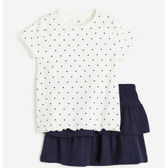H&M Girls Ribbed Navy Polka Dot Shirt & Navy Blue Ruffle Skirt Set Outfit Size 8 - Picture 1 of 6
